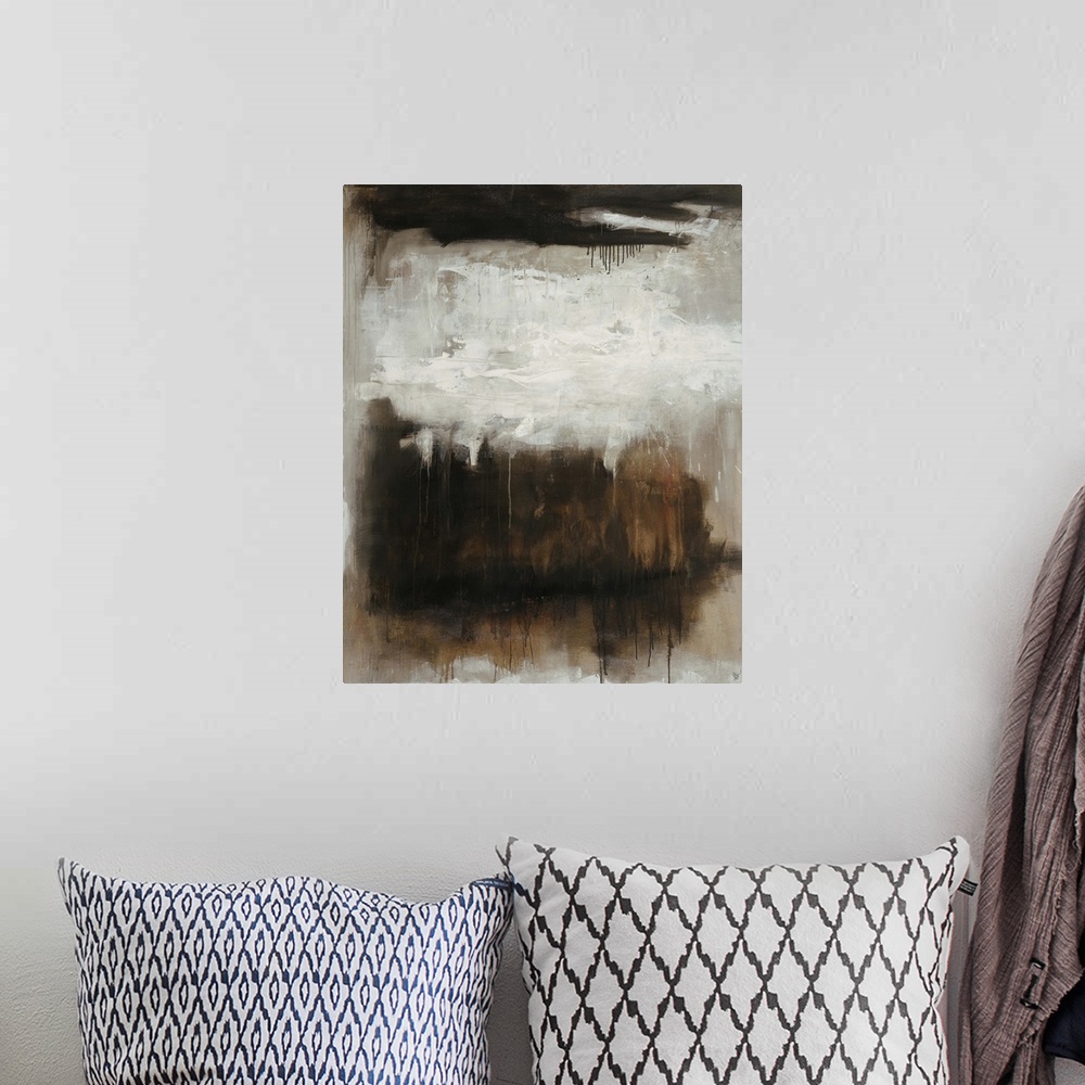 A bohemian room featuring Abstract painting of a dark rectangular mass interrupted at the top by a light cluster of white b...