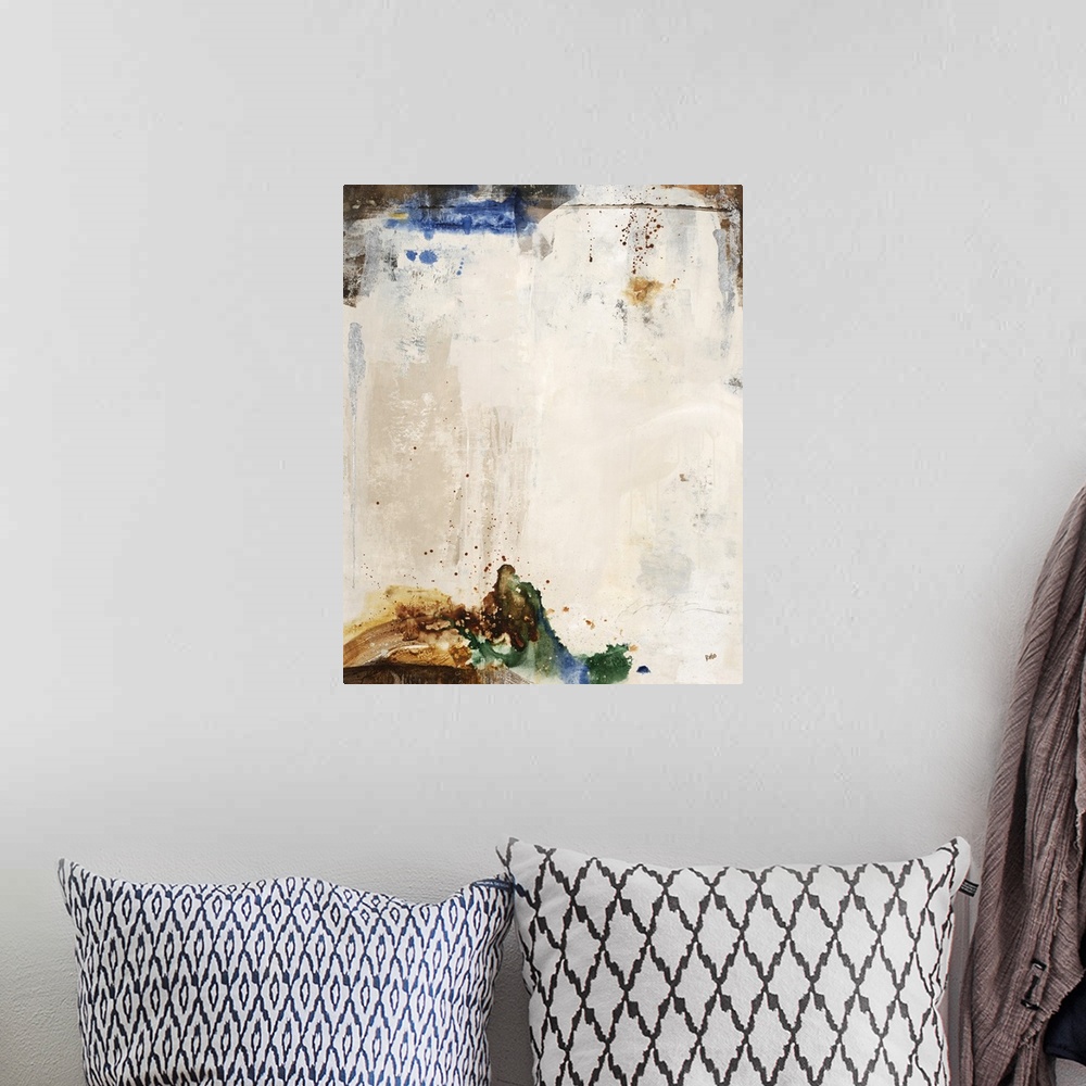 A bohemian room featuring Contemporary abstract painting in beige shades framed with dark tones.