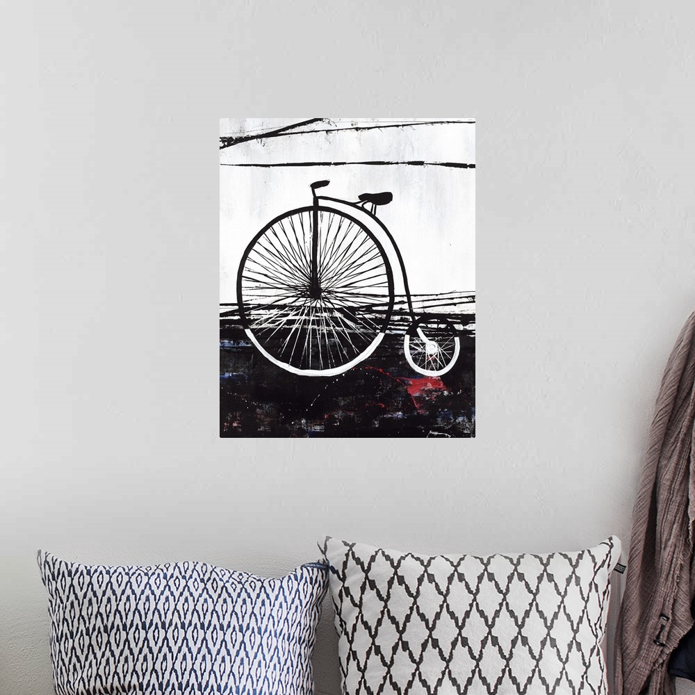 A bohemian room featuring Contemporary painting of a penny-farthing bicycle in black and white with small hints of red and ...