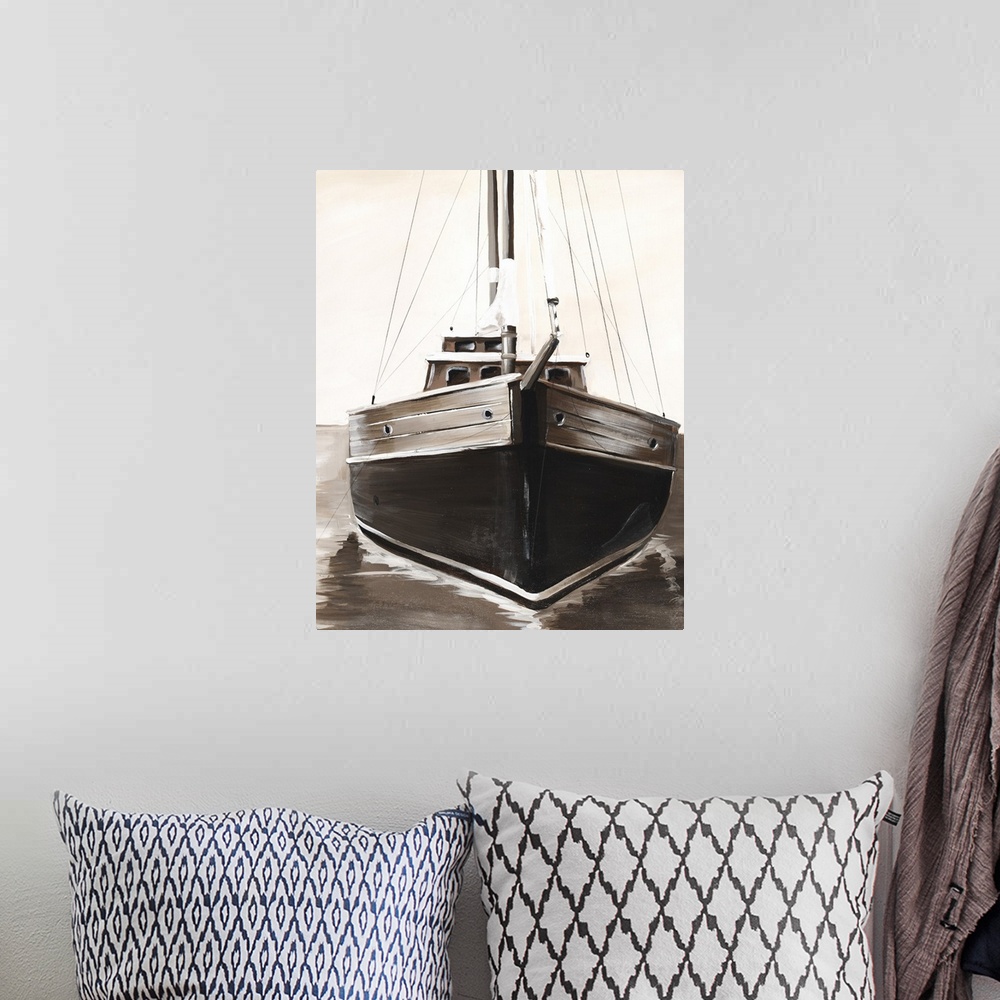 A bohemian room featuring Sepia toned painting of the front of a sailboat.