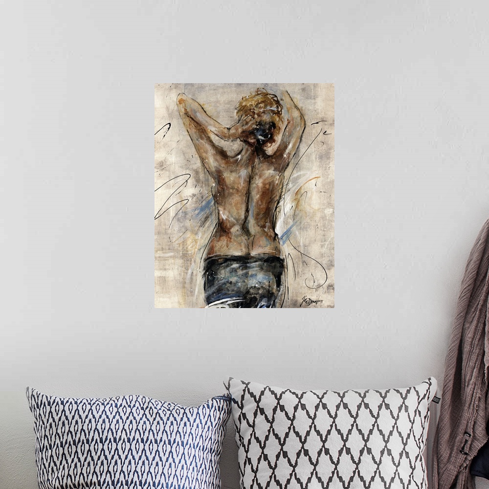 A bohemian room featuring Vertical, figurative artwork on a large canvas of the back of a woman, from the thighs up, wearin...