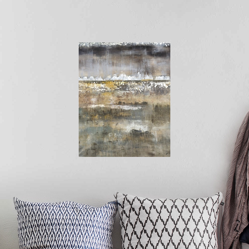 A bohemian room featuring Layered contemporary abstract painting with gold, brown, white, and gray hues.