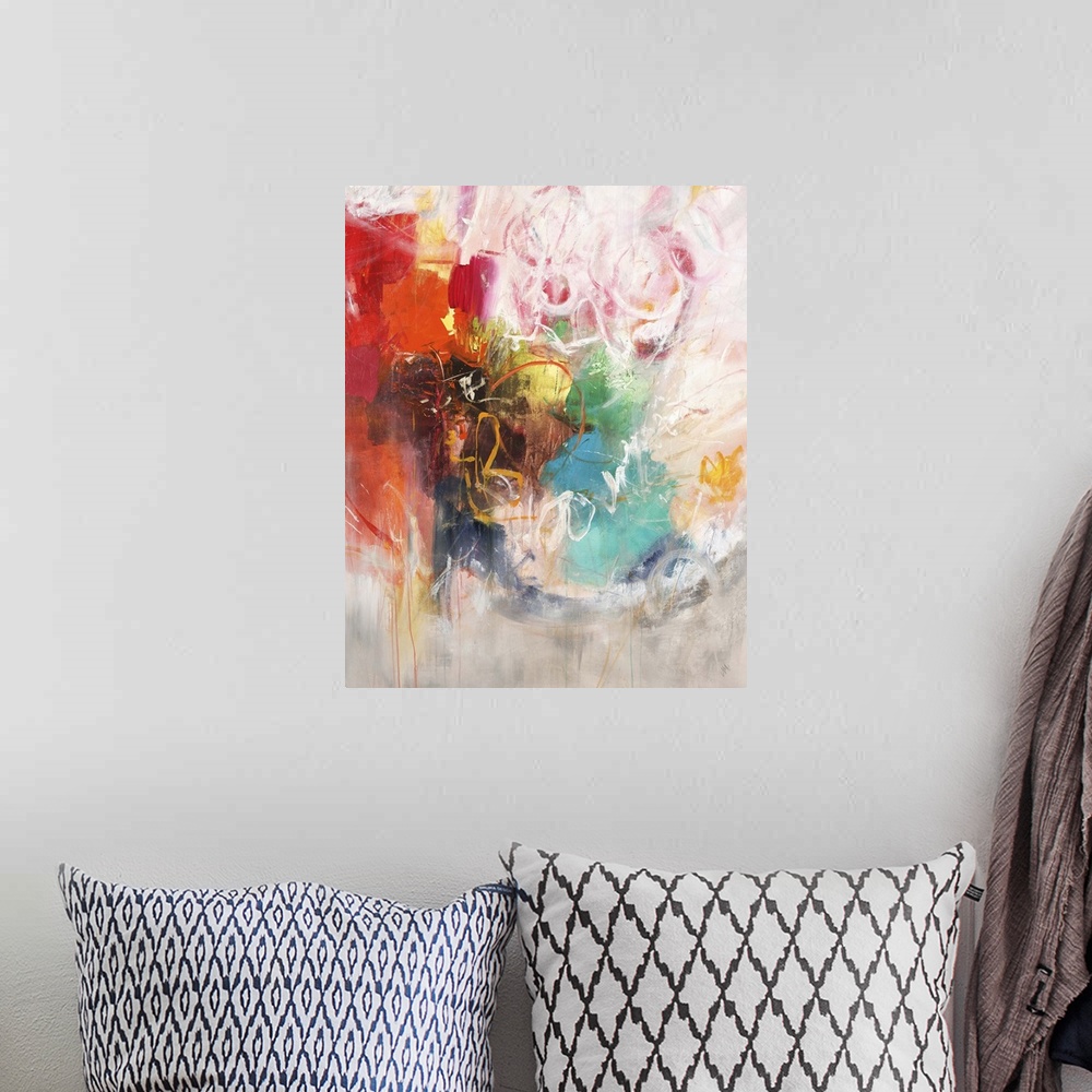 A bohemian room featuring Brightly colored contemporary abstract artwork in rainbow colors.