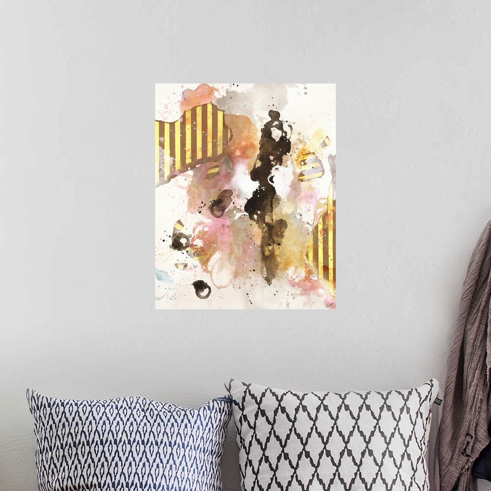 A bohemian room featuring Contemporary abstract art with black and pink splatters and striped collage elements.