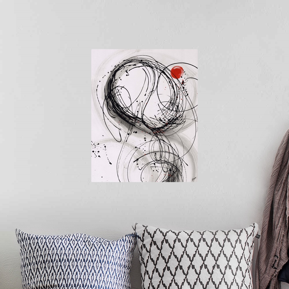 A bohemian room featuring Abstract painting using thin black lines to create organic shapes, with a little red circle towar...