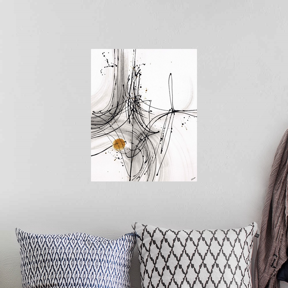 A bohemian room featuring Abstract painting using thin black lines to create fluid movement, with a little gold circle towa...