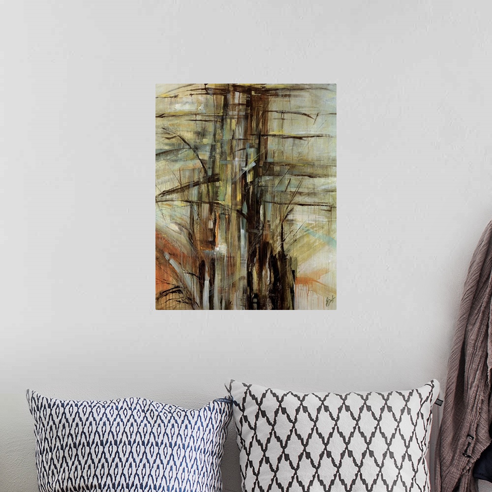 A bohemian room featuring A vertical abstract painting by a contemporary artist of dark shapes reminiscent of tree branches...