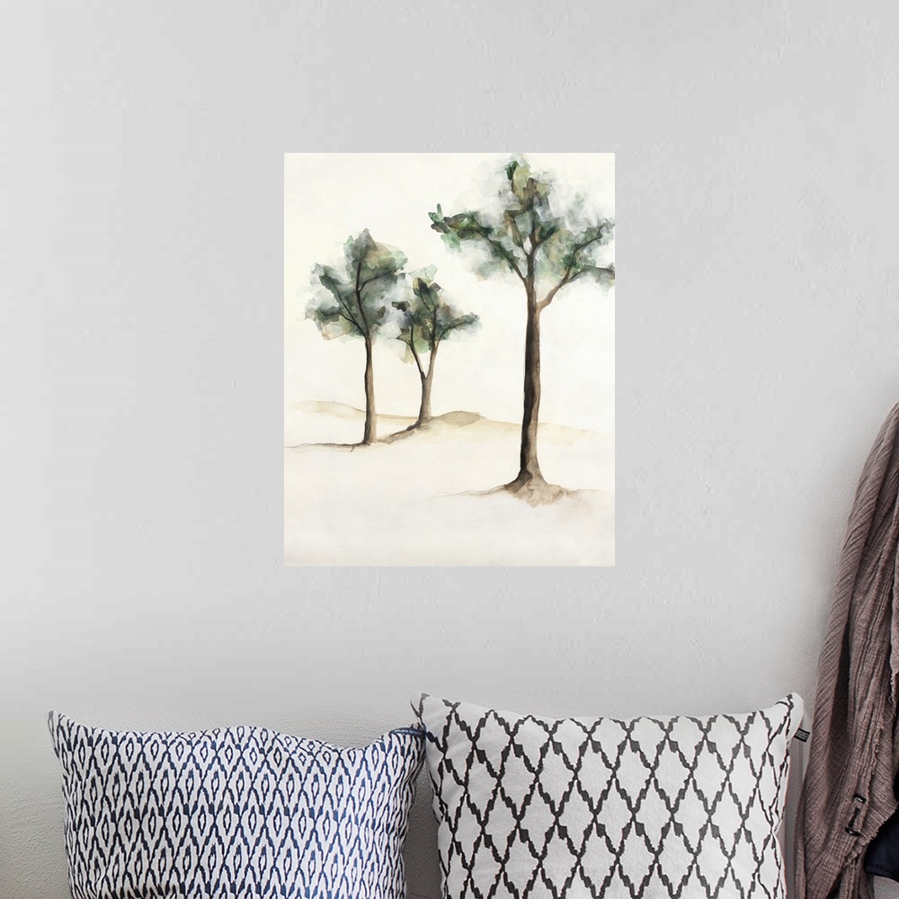 A bohemian room featuring Watercolor painting of three trees on a neutral colored background.