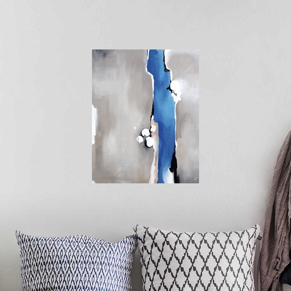 A bohemian room featuring Contemporary abstract painting with a gray background and bright blue vertical line moving from t...