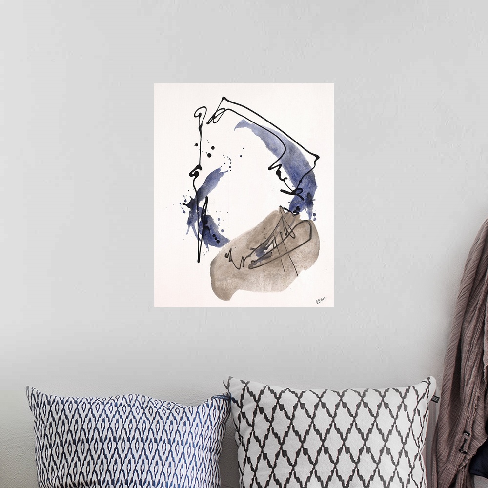 A bohemian room featuring Contemporary abstract painting of dark black lines and splashes of blue swirling around.