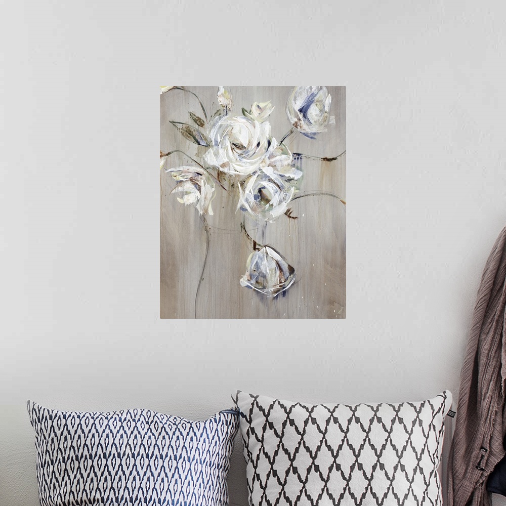 A bohemian room featuring A textured painting of an arrangement of white flowers in a vase.