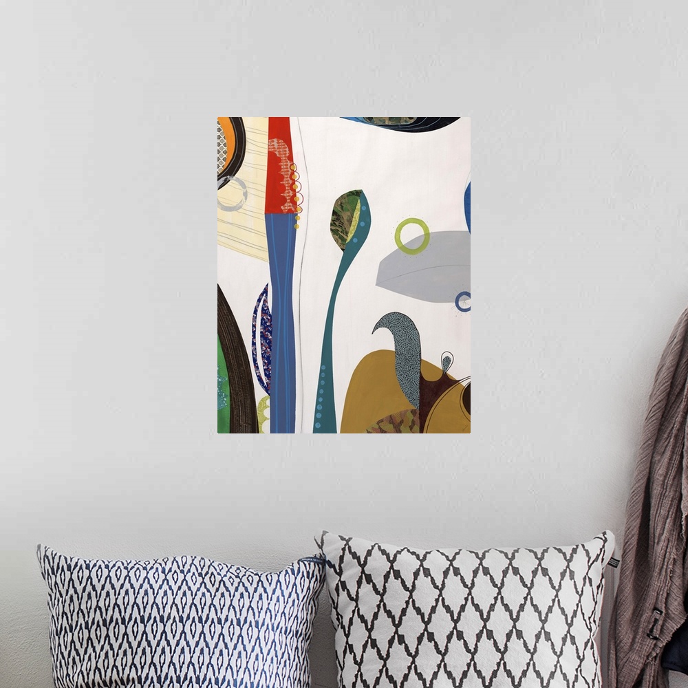 A bohemian room featuring Abstract painting with a mid-century feel of bold colors in organic and geometric shapes.