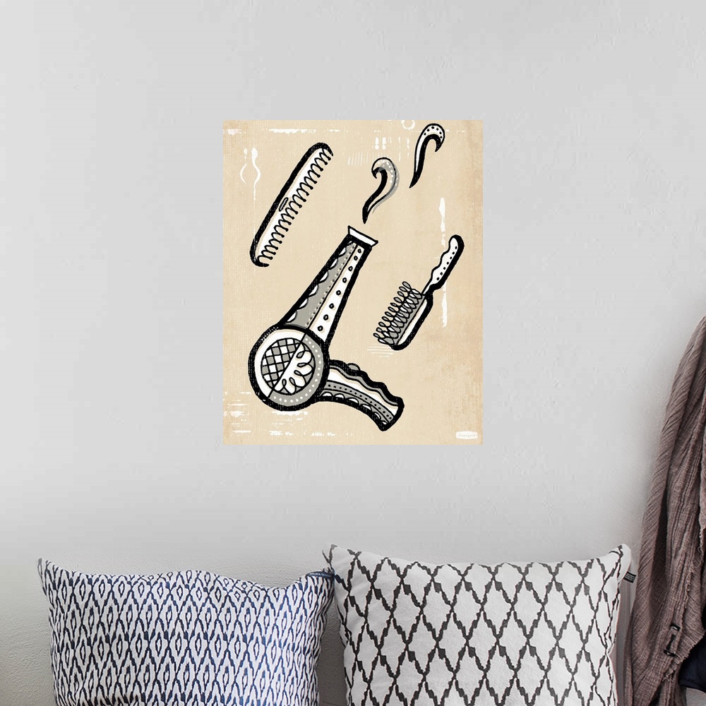 A bohemian room featuring 1960's vintage style wall art of a hair dryer and hair brush illustrated in black pen and ink lin...