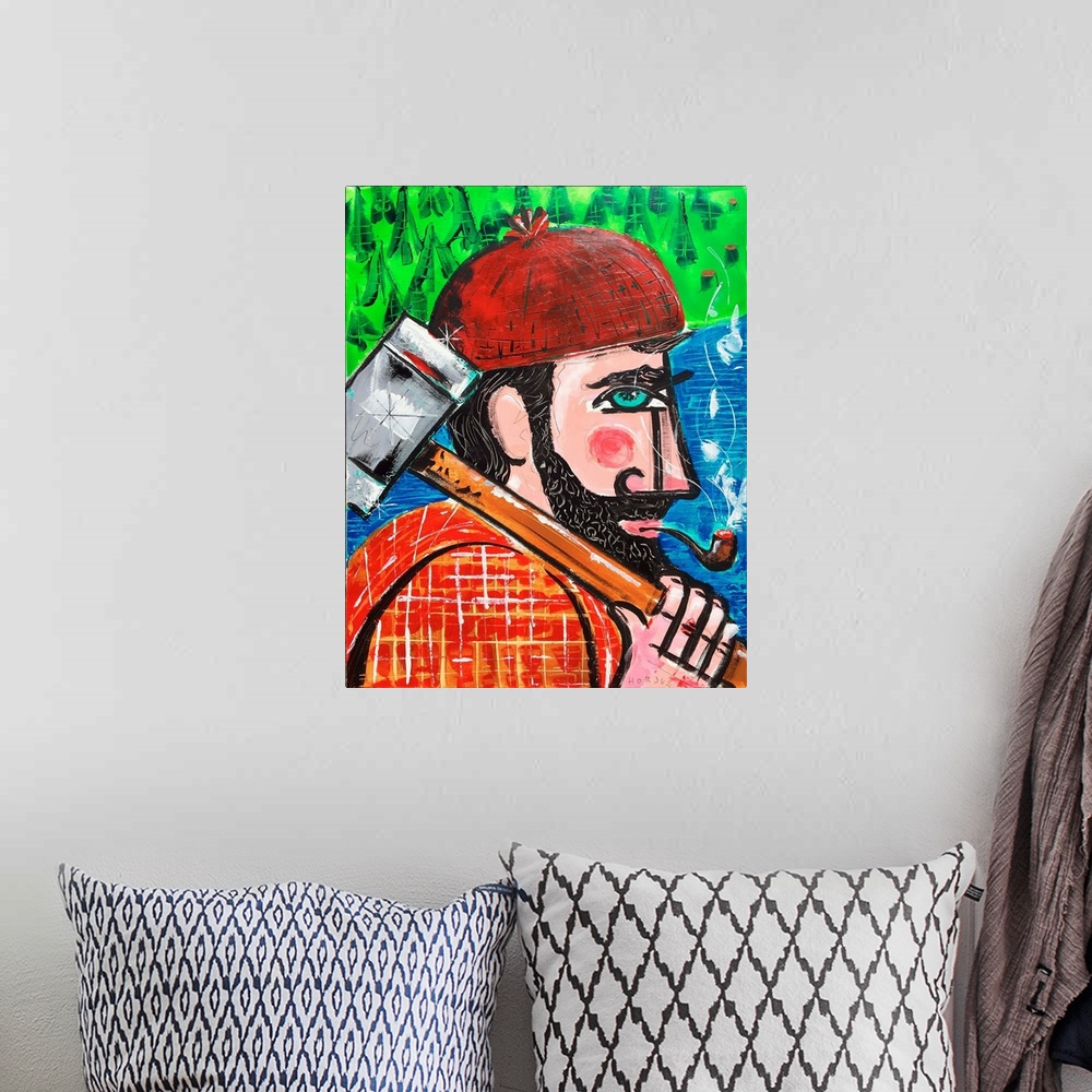 A bohemian room featuring Painting of a lumberjack with red flannel shirt, beanie, and an axe over his shoulder.