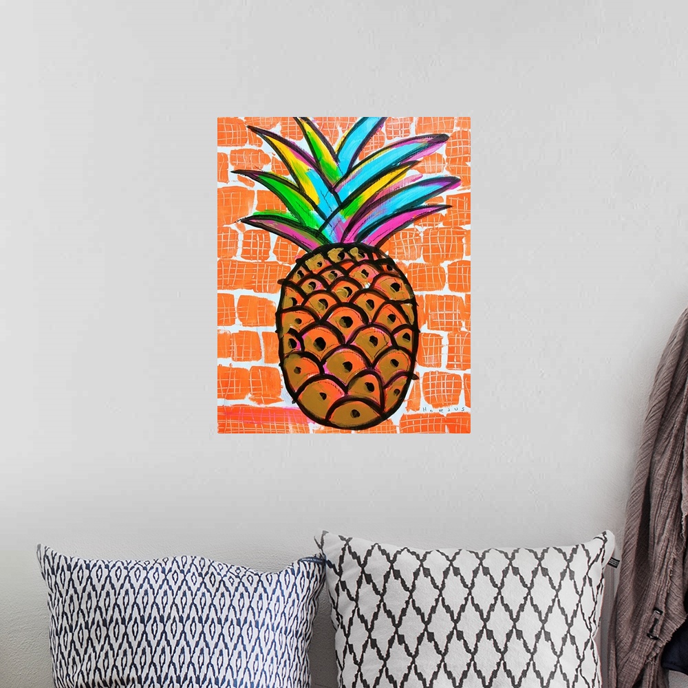A bohemian room featuring Pineapple painted gold and black with a rainbow burst of colors on the leaves on an orange backgr...
