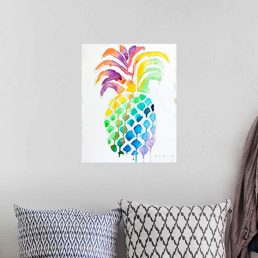 A bohemian room featuring Pineapple with drippy watercolor rainbow colors and patterns on its body and leaves.