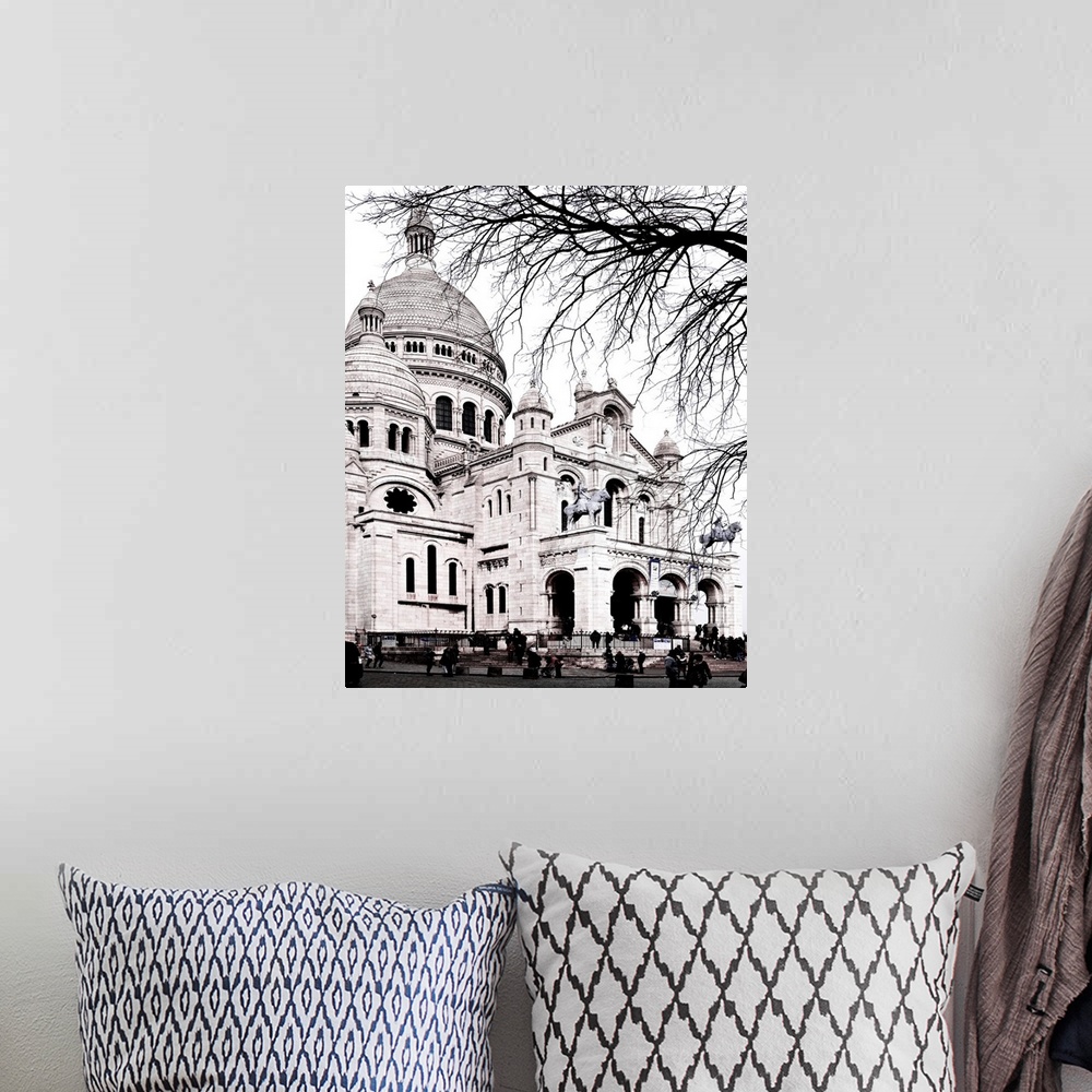 A bohemian room featuring Black and white photo of the large domes of the Sacre Coeur Basilica.