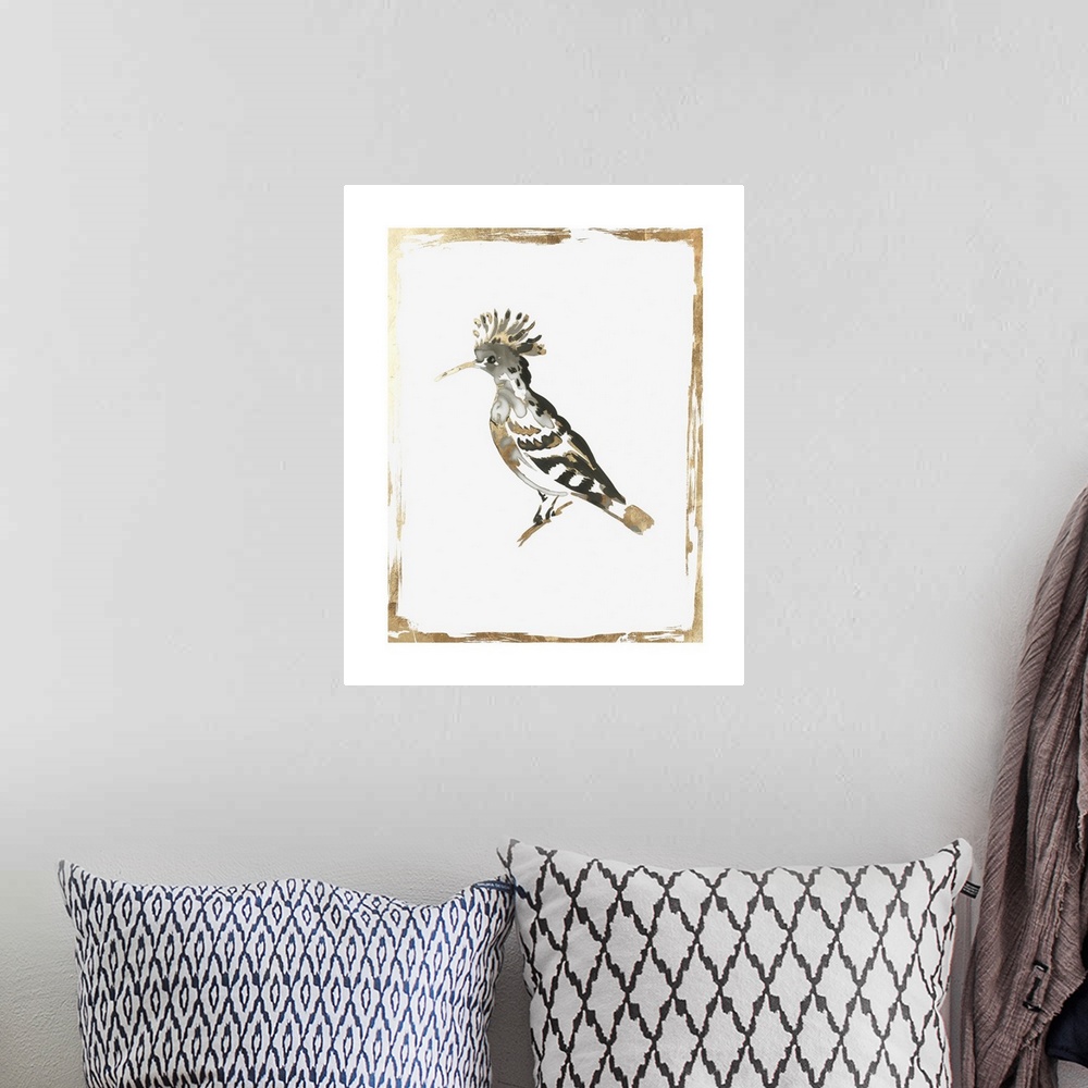 A bohemian room featuring Glamorous bird decor in black, white, and gold.