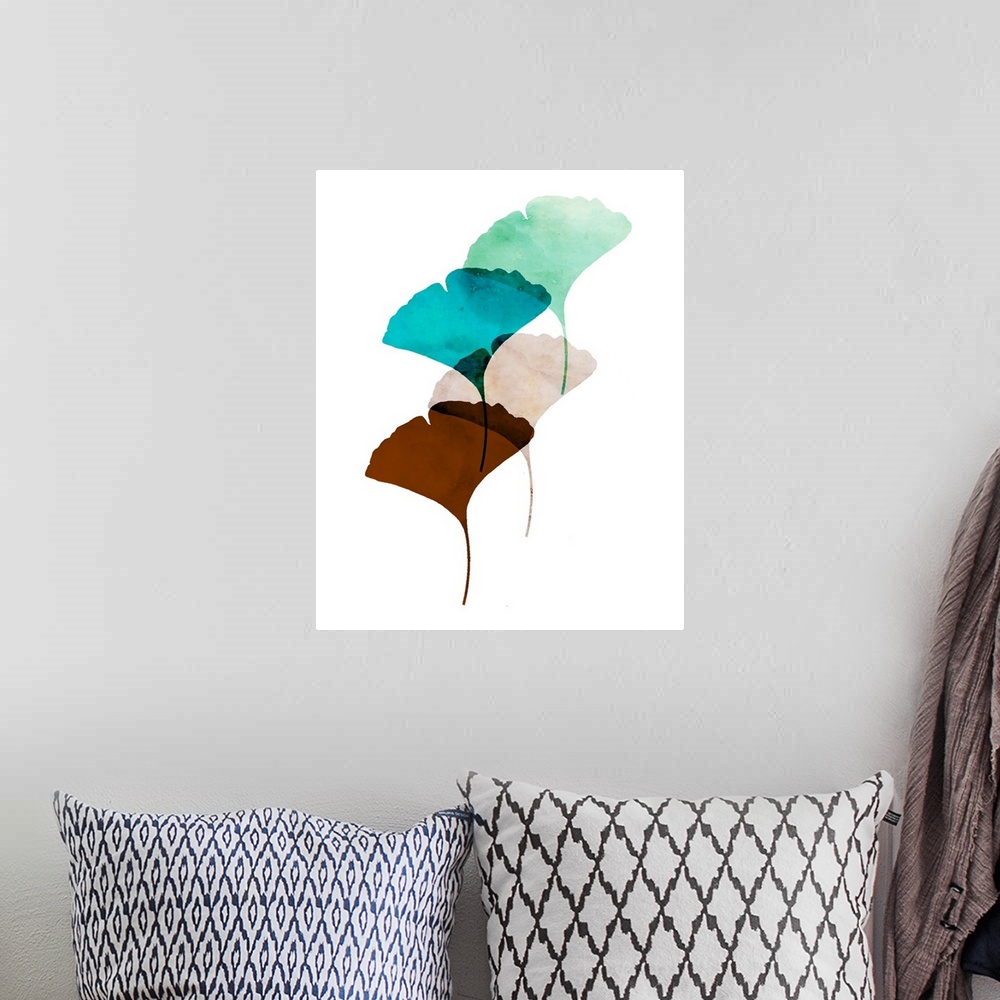 A bohemian room featuring Retro style watercolor painting of leaf shapes in blues and oranges.