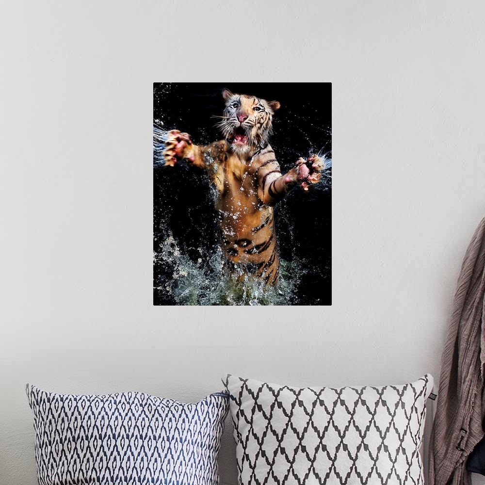 A bohemian room featuring A tiger leaping out of the water with its arms outstretched.