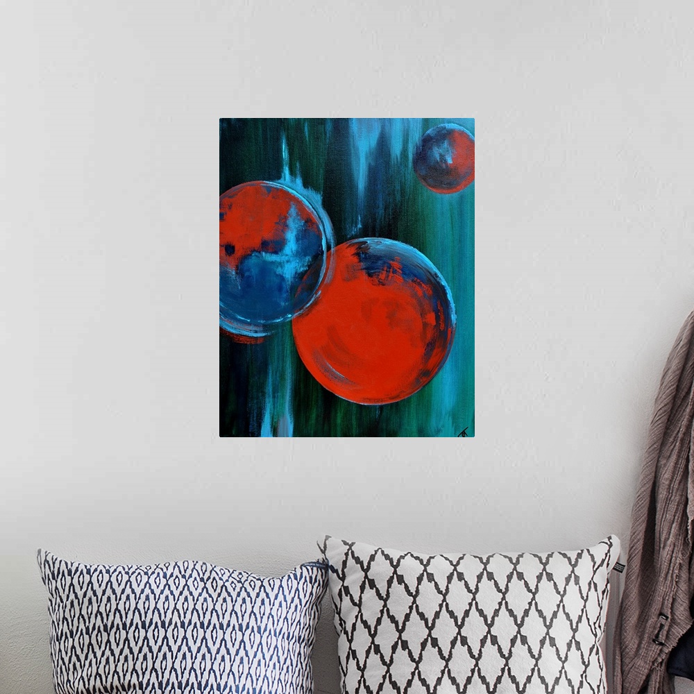A bohemian room featuring Abstract painting of circles and bold strokes of paint in colors of blue, black and red.