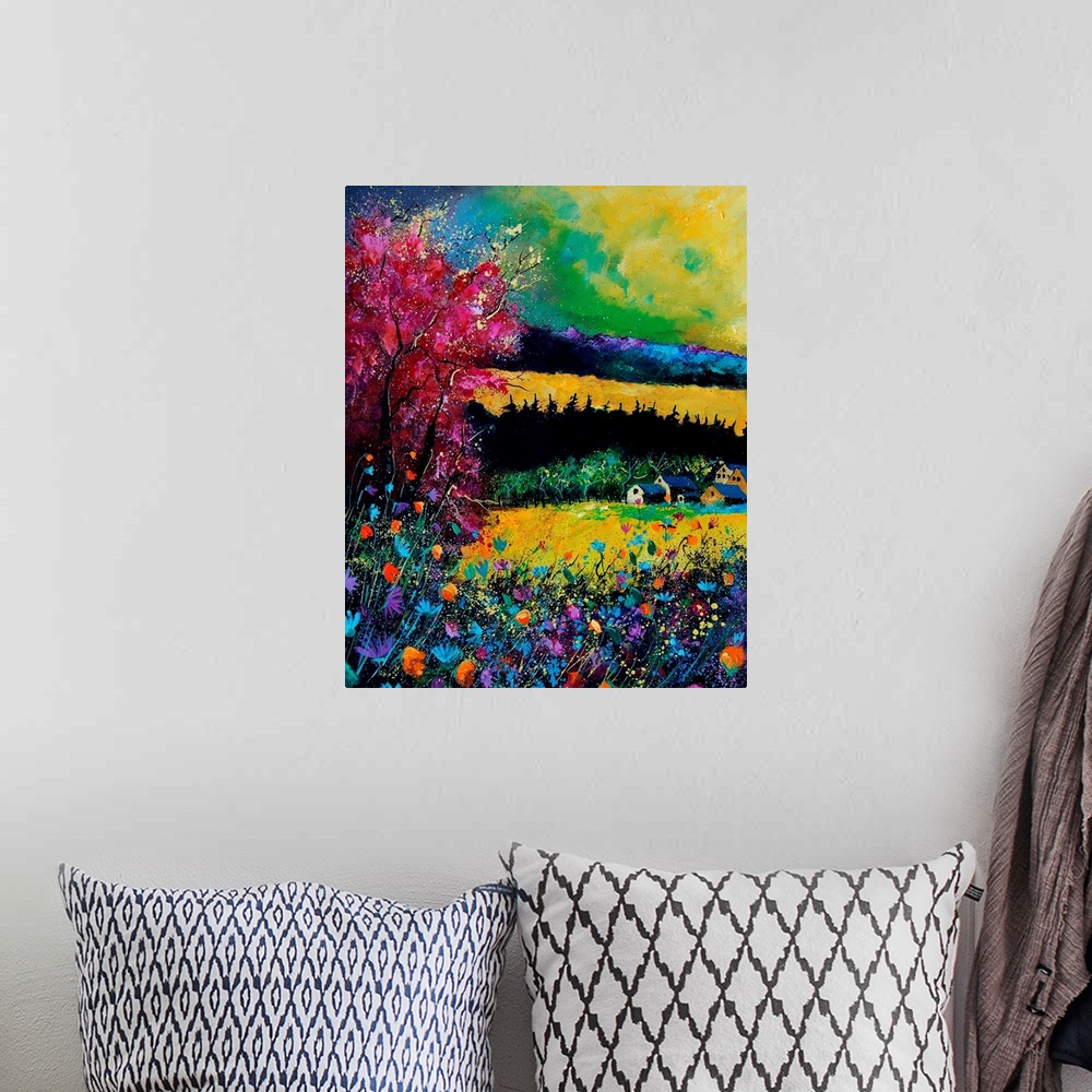 A bohemian room featuring Vertical painting of a field of flowers on a fall day with splatters of multi-color paint overlap...