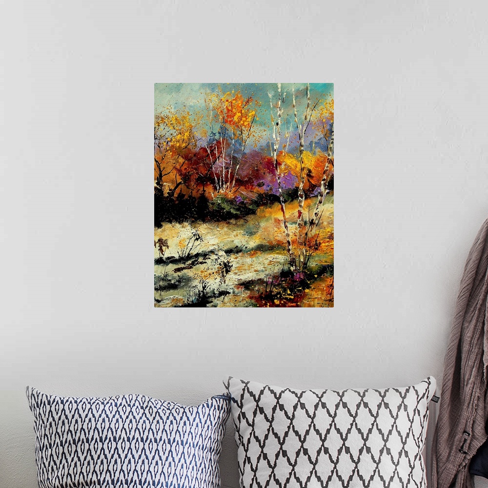 A bohemian room featuring Vertical painting of a forest of colorful birch trees in the fall.