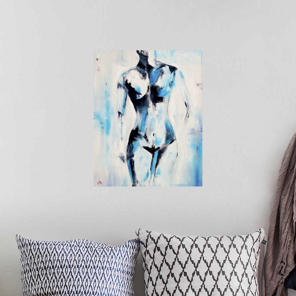 A bohemian room featuring Vertical painting of a nude woman from the neck down in textured shades of blue.