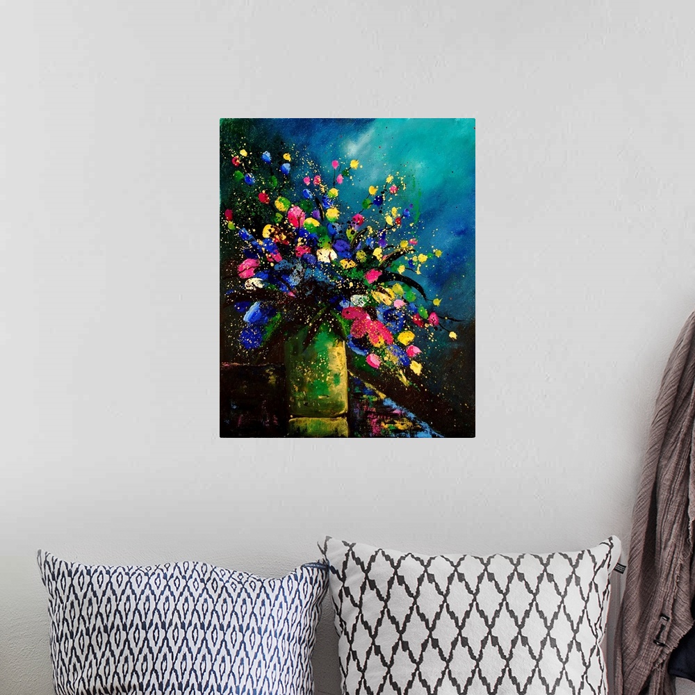 A bohemian room featuring Vertical painting of a vase full of vibrant colored flowers against of blue and teal backdrop.