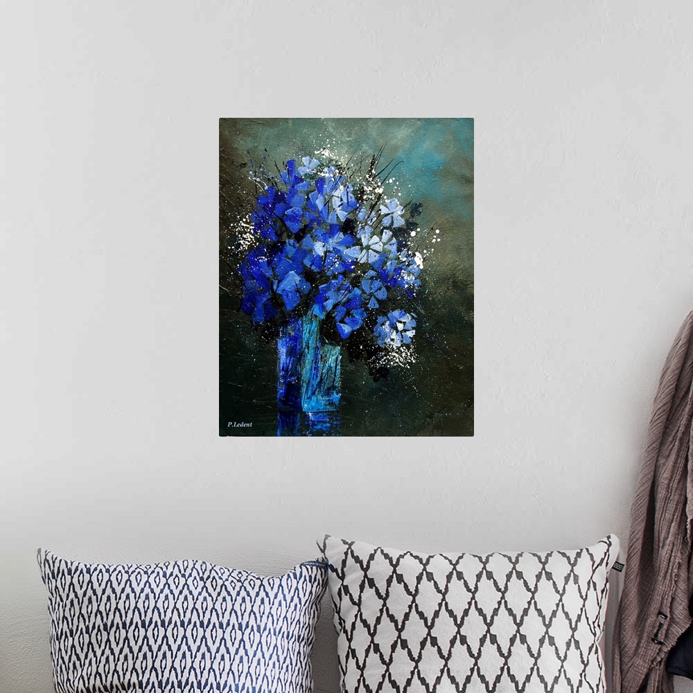 A bohemian room featuring Contemporary painting of a vase of blue and white flowers against a neutral backdrop.