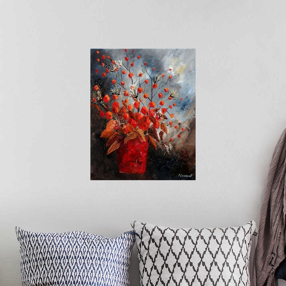 A bohemian room featuring Contemporary painting of a vase of red and white flowers against a neutral backdrop.