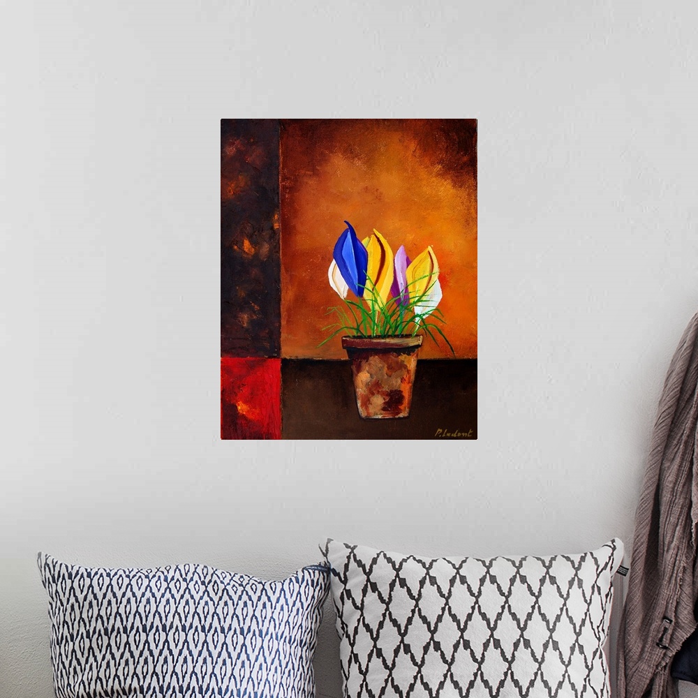 A bohemian room featuring Vertical painting of a flower pot filled with multi-colored flowers on a brown background.