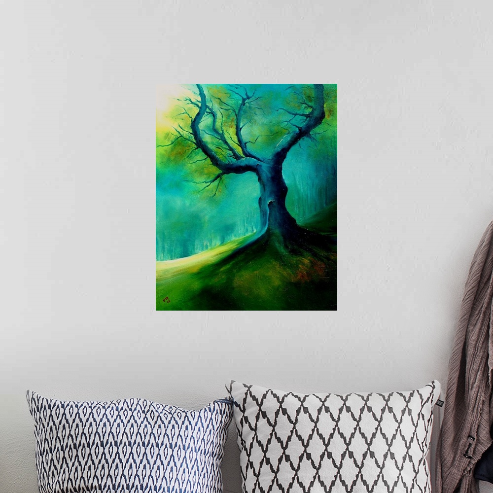 A bohemian room featuring A dark, moody painting of a desolate, aged tree in shades of blue and green.