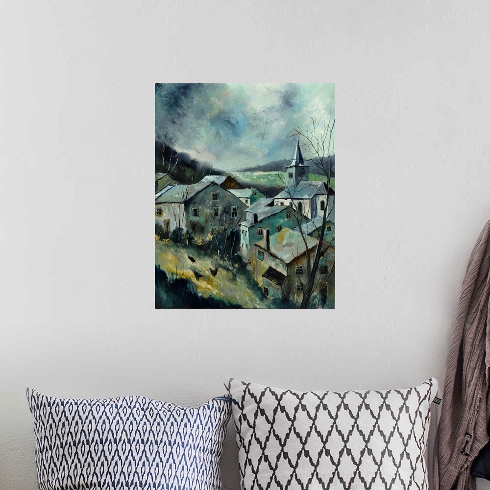 A bohemian room featuring Vertical painting of the small village of Dohan, Belgium in muted tones.