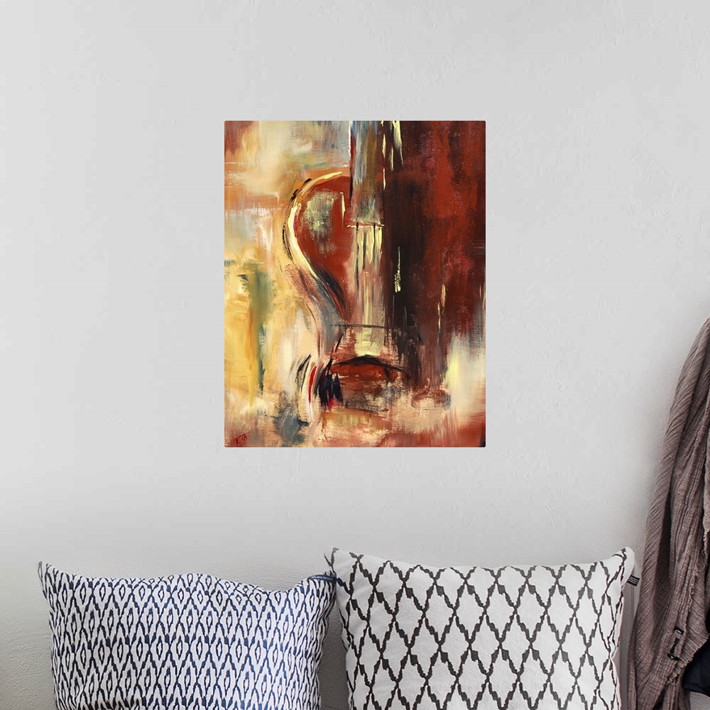 A bohemian room featuring A vertical abstract painting of a violin with muted colors of red and yellow.
