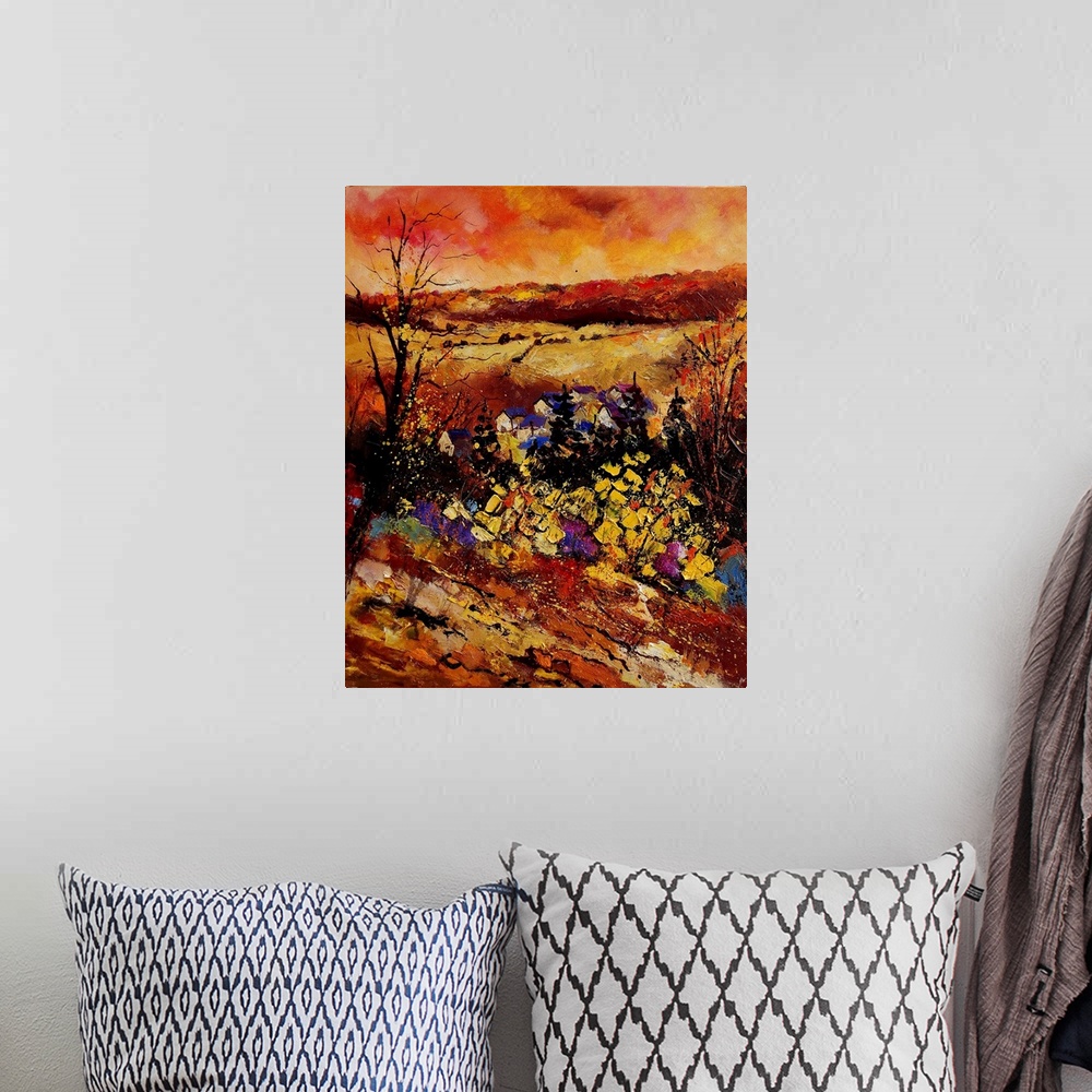 A bohemian room featuring Painting of a field of flowers in Manhay, Belgium using bright, warm colors.