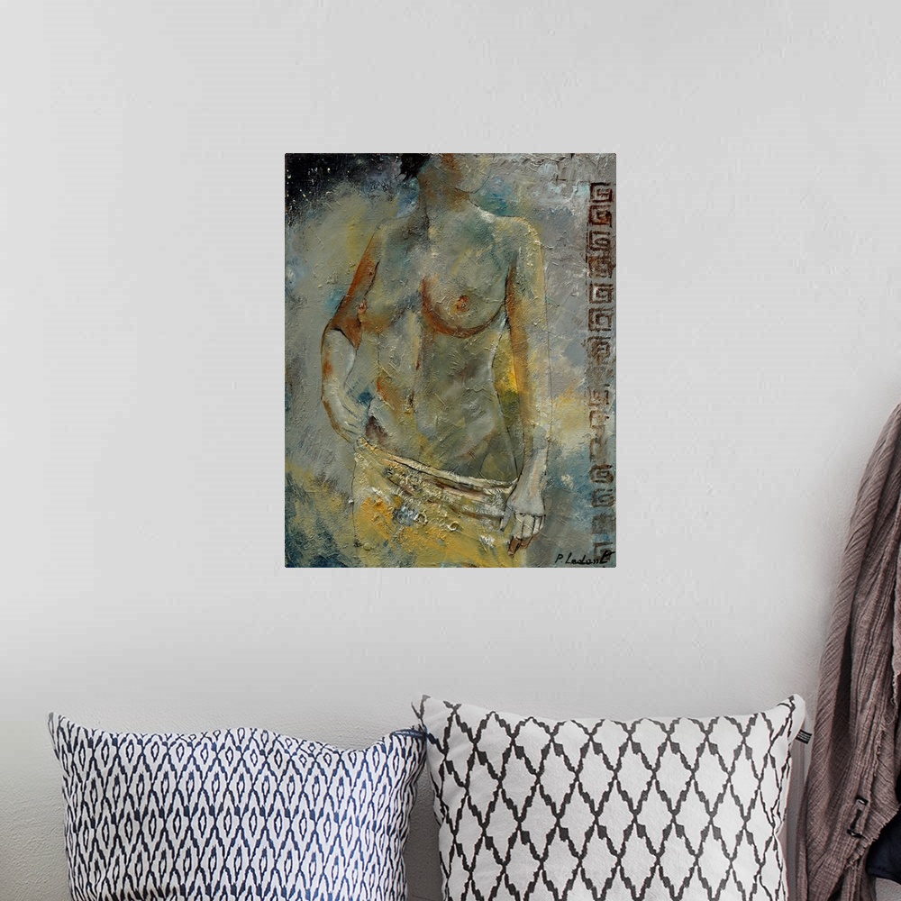 A bohemian room featuring A painting of a nude woman looking over her shoulder while holding a cloth to her waist, done in ...