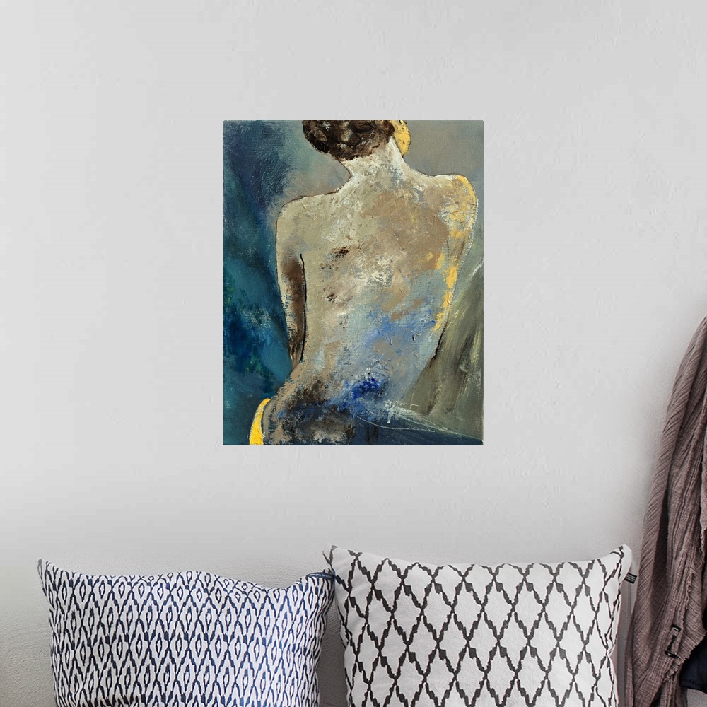 A bohemian room featuring A painting of a nude woman, with her back towards the viewer, done in textured neutral tones.