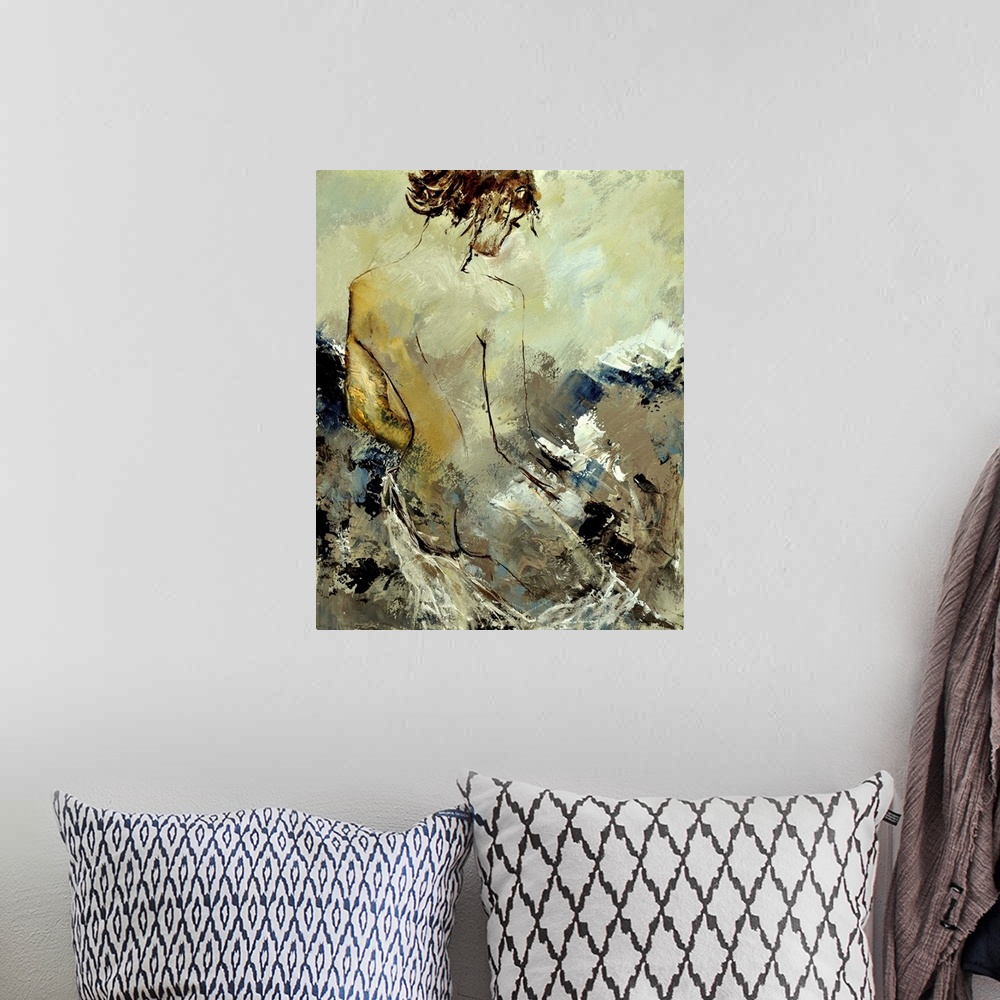 A bohemian room featuring A painting of a nude woman reading a book, with her back towards the viewer, done in textured neu...