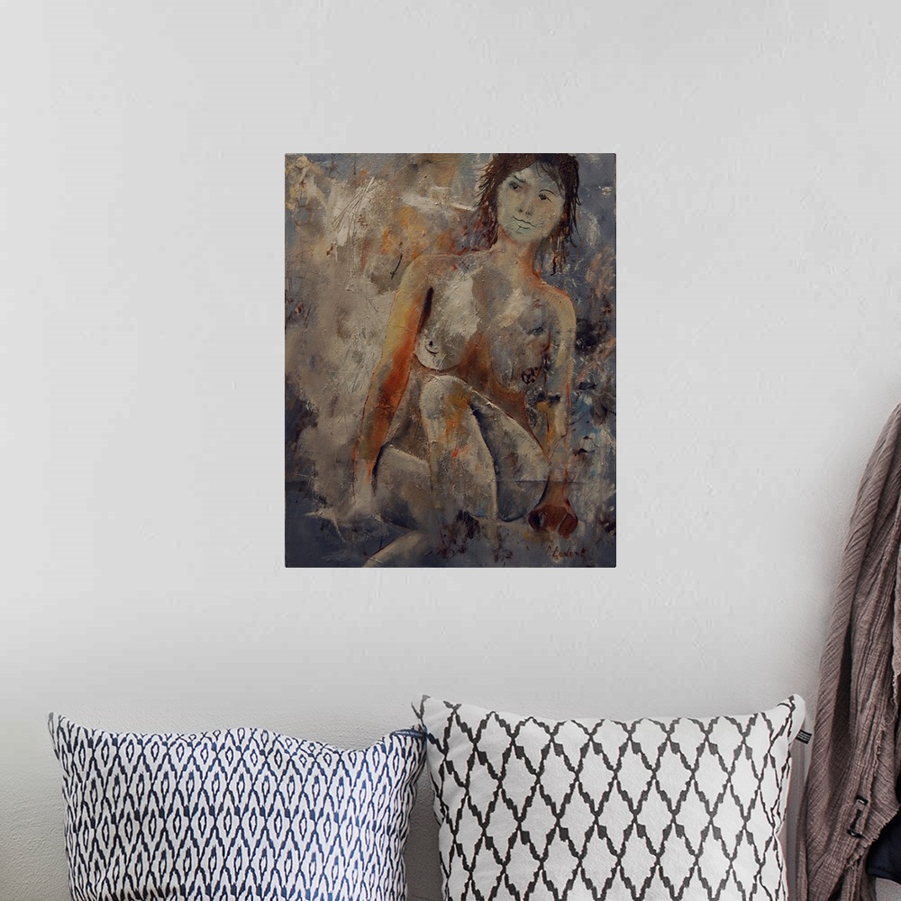 A bohemian room featuring A nude portrait of a woman sitting, painted in textured neutral colors with orange accents.