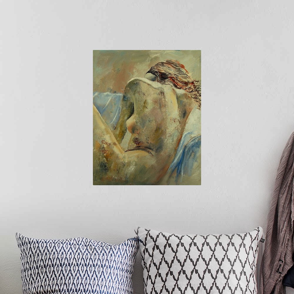 A bohemian room featuring A nude portrait of a woman sitting, facing away, painted in textured neutral colors with blue acc...