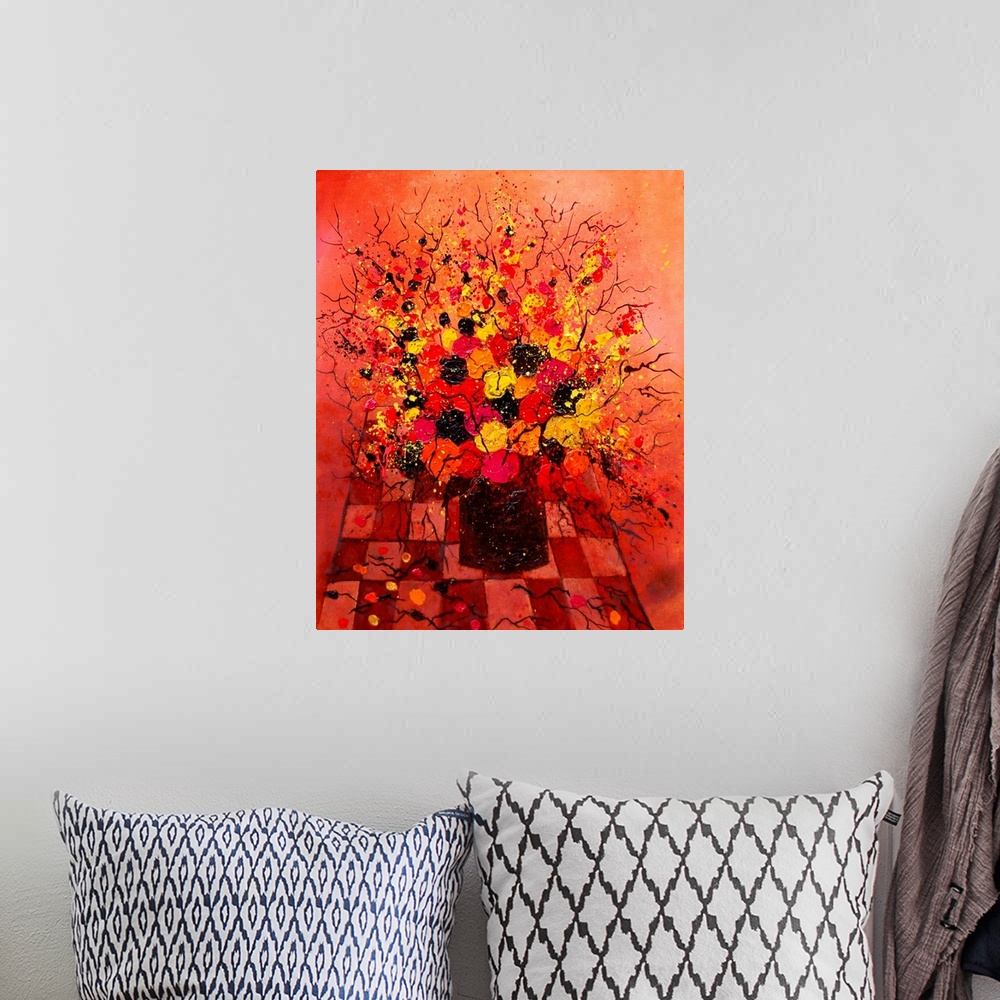 A bohemian room featuring Contemporary painting of a colorful bouquet of flowers in a black vase on a orange and red backgr...