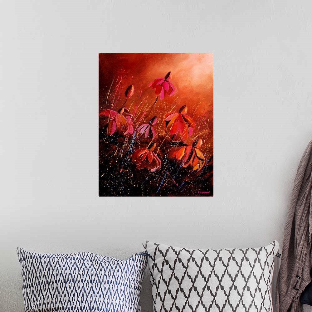 A bohemian room featuring A vertical contemporary painting of red Rudbeckia flowers in bloom done in a texture paint with f...