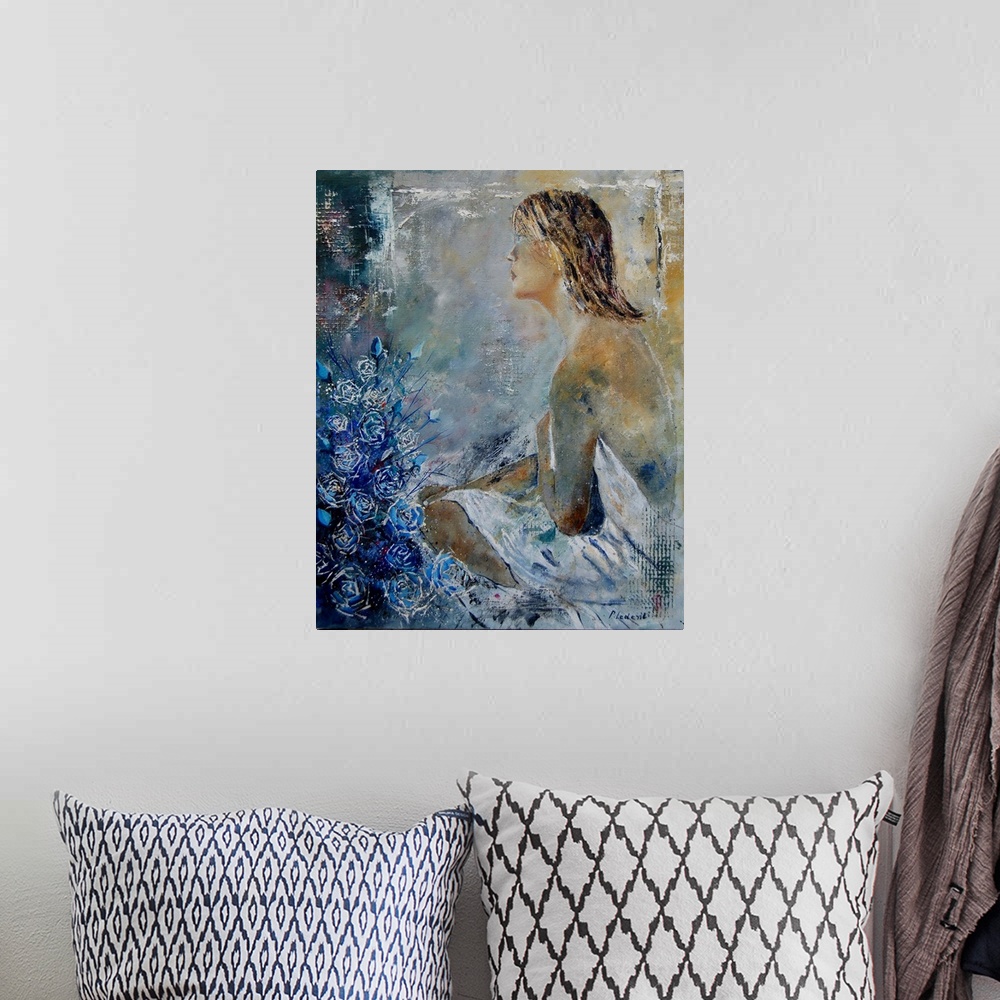 A bohemian room featuring A contemporary painting of female sitting next to blue flowers.