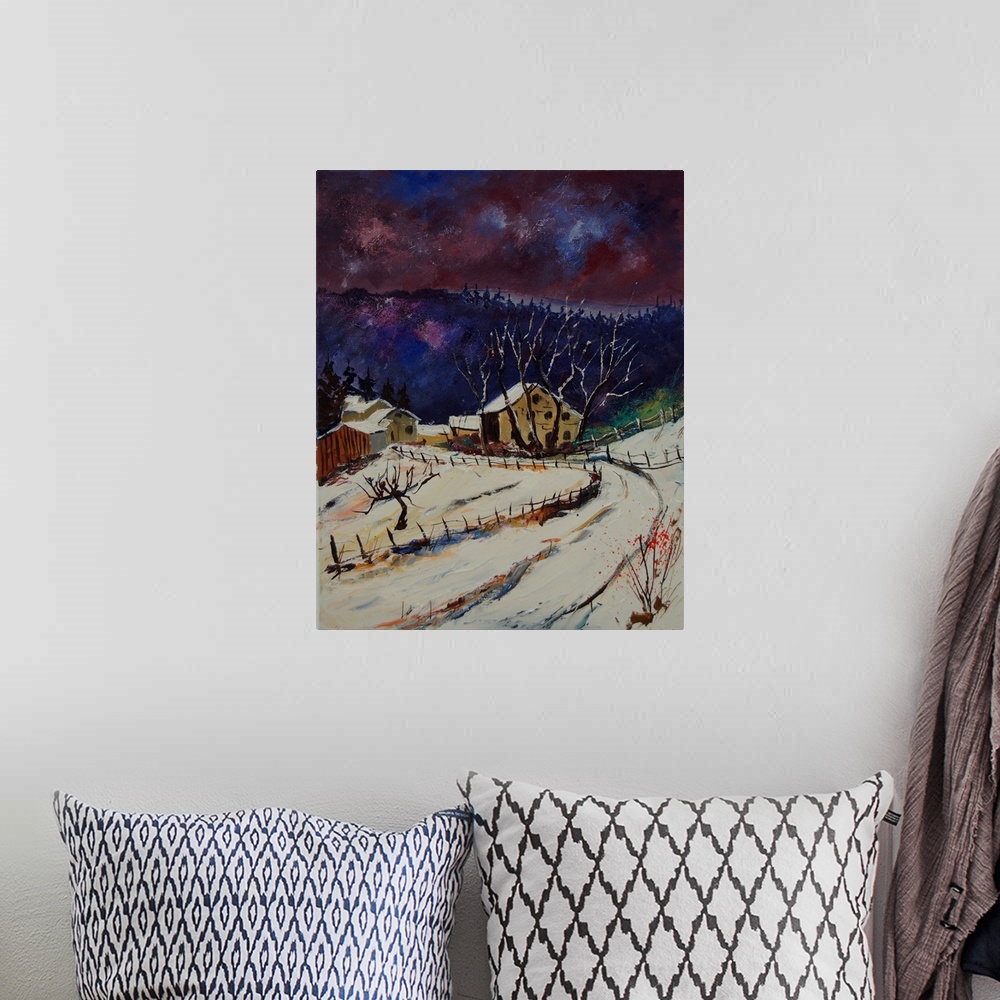 A bohemian room featuring Vertical painting of a road leading to a snow covered village in Belgium in the evening.