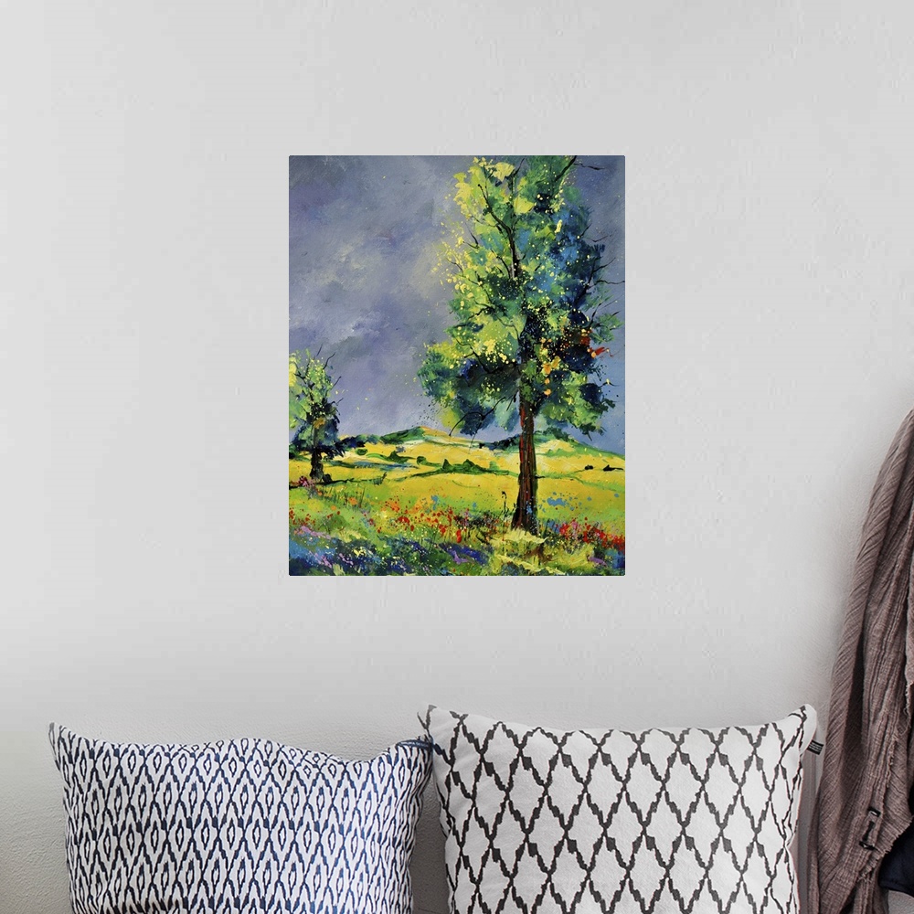 A bohemian room featuring Vertical painting of lively oak trees and rolling hills.