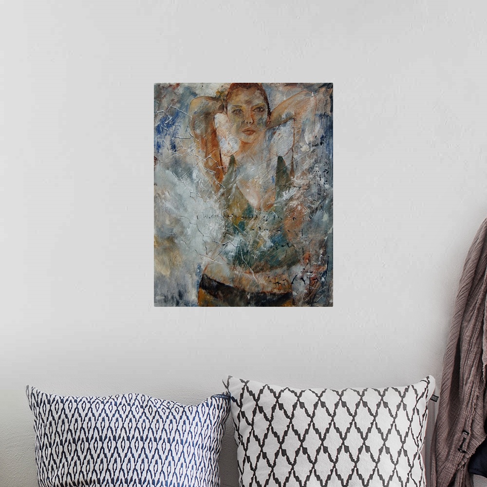 A bohemian room featuring A portrait of a woman painted in textured neutral colors.
