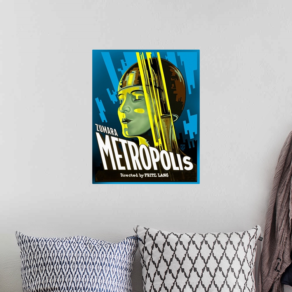 A bohemian room featuring Metropolis Blue Sci Fi Movie Poster