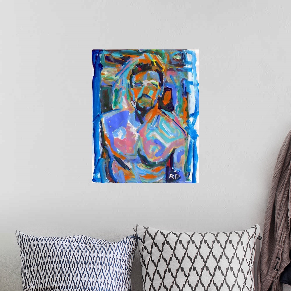 A bohemian room featuring Abstract Sex portrait of a man, male nude, gay art.