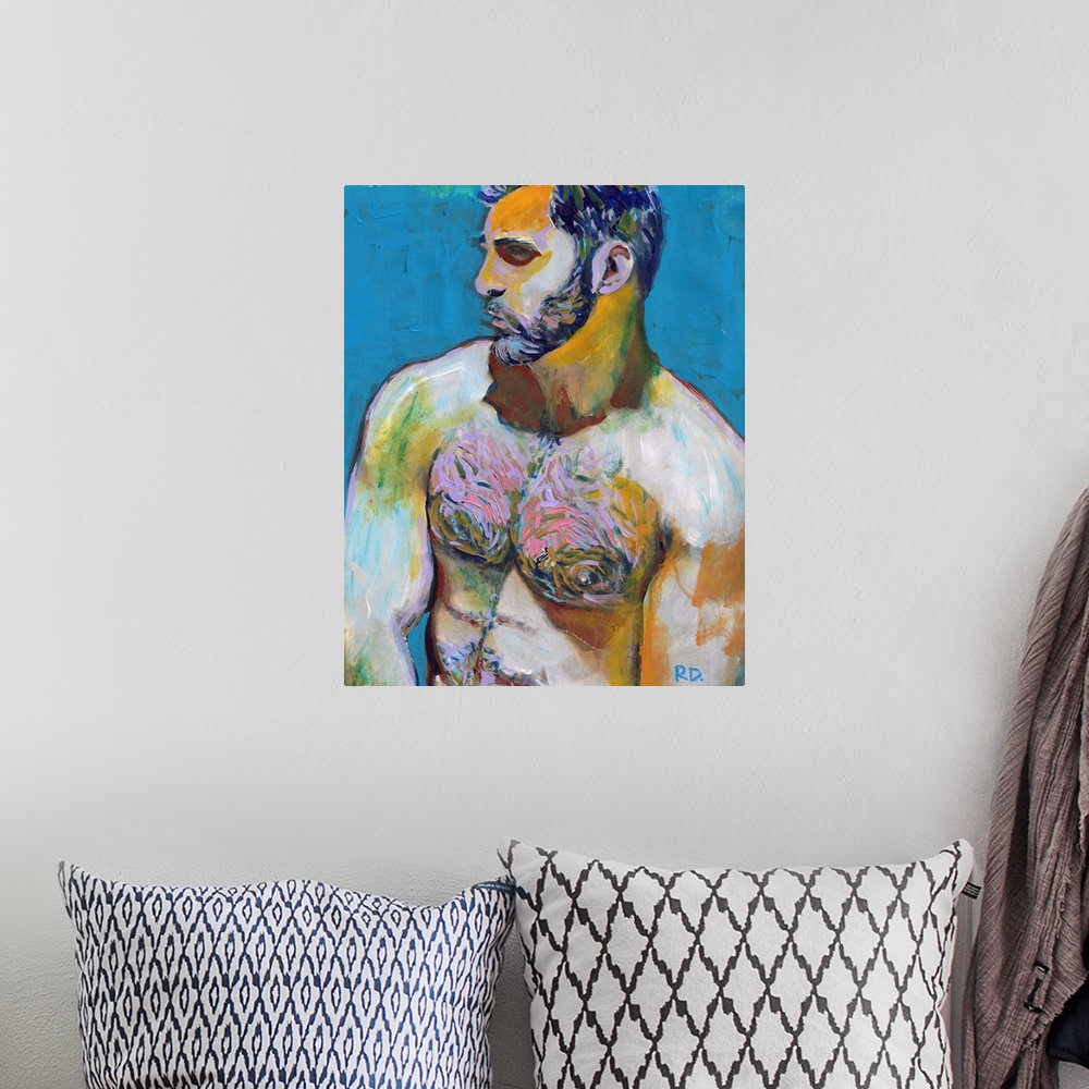 A bohemian room featuring Blue Beard  by RD Riccoboni. Painting of a sexy bearded and hairy chested man.